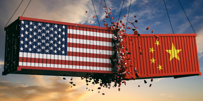 USA and China trade war. US of America and chinese flags crashed containers on sky at sunset background. 3d illustration